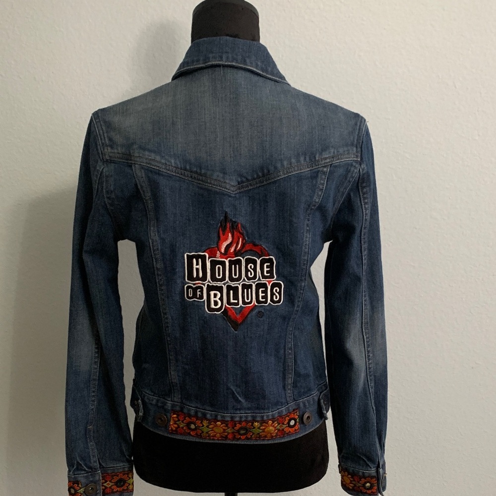 HOUSE OF BLUES. Embroidered Denim Jacket with Floral Trim, like new.